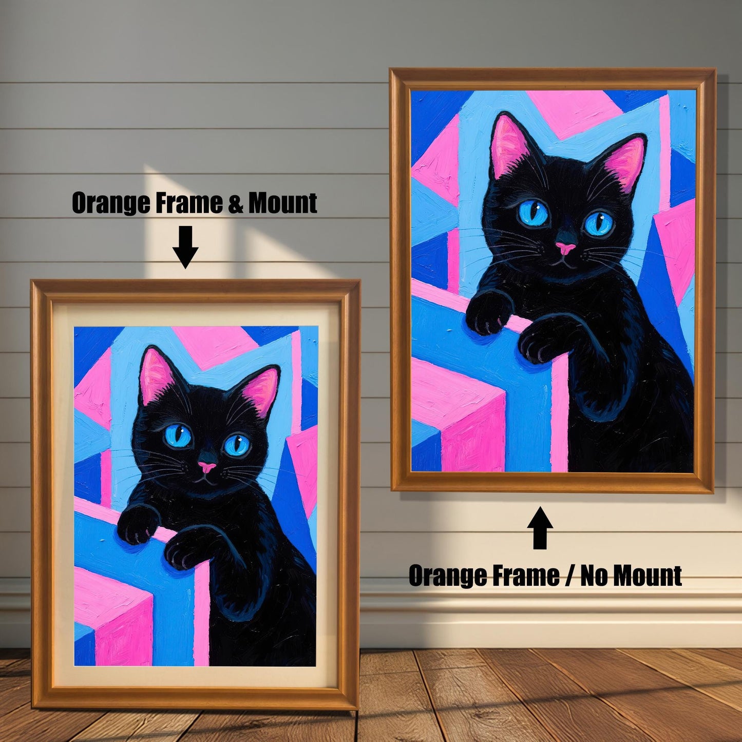 Two framed art prints of a black cat with blue eyes on a pink and blue geometric background. One has an **Orange Frame & Mount**, the other an **Orange Frame / No Mount**.