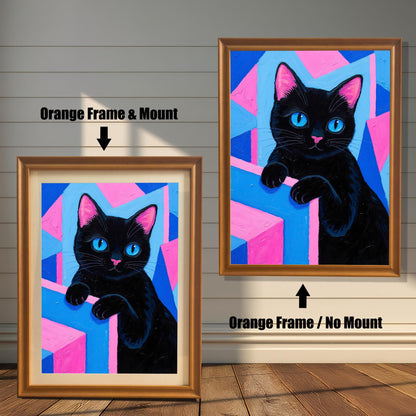 Two framed art prints of a black cat with blue eyes on a pink and blue geometric background. One has an **Orange Frame & Mount**, the other an **Orange Frame / No Mount**.