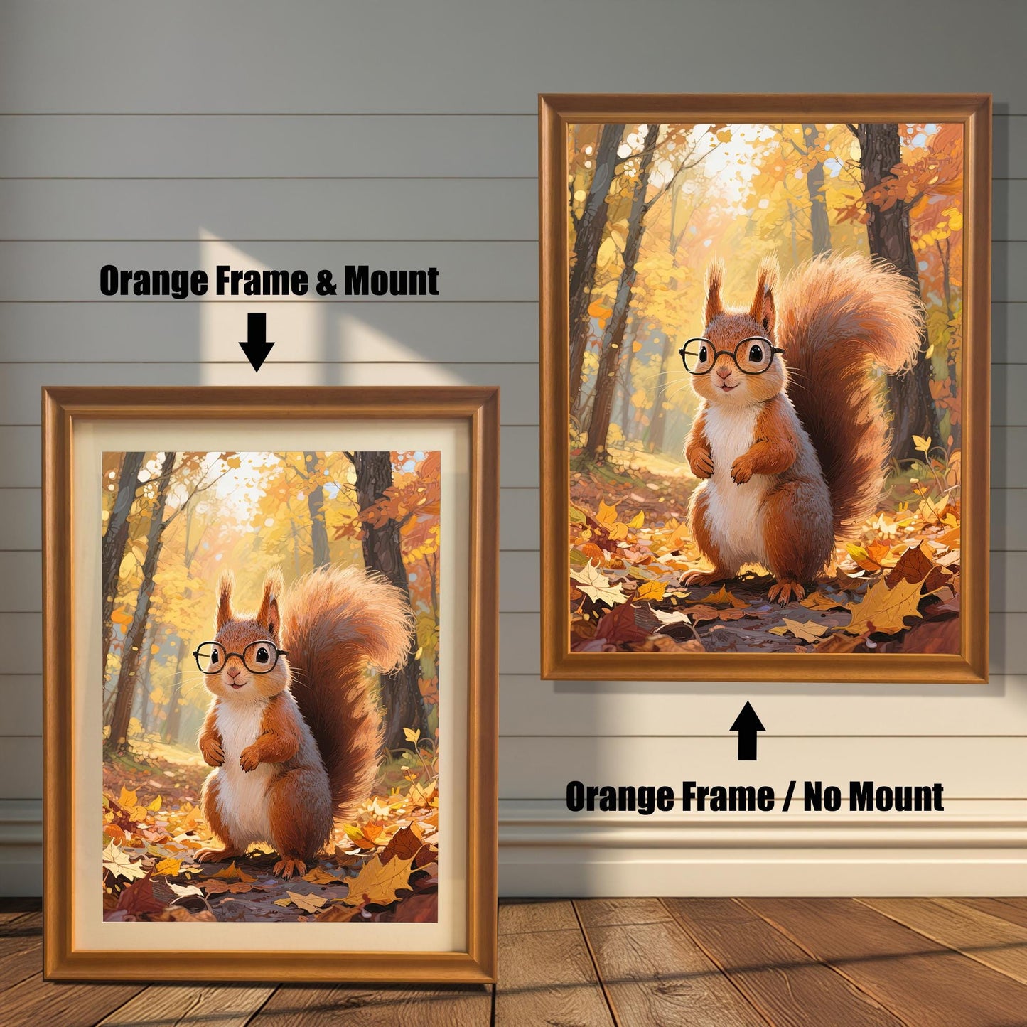 Comparison of two orange-framed prints: one with a white mount (mat) and one without, both featuring the cartoon squirrel with glasses in a sunny autumn forest.
