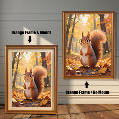 Comparison of two orange-framed prints: one with a white mount (mat) and one without, both featuring the cartoon squirrel with glasses in a sunny autumn forest.