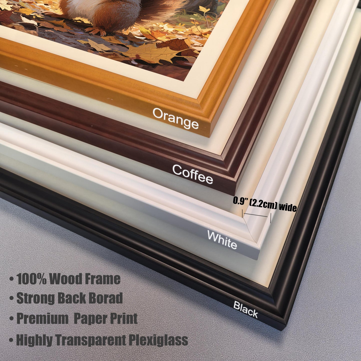 A close-up of four frame corners (Orange, Coffee, White, Black), showing the 0.9" (2.2cm) width and listing features like 100% Wood Frame and Premium Paper Print.