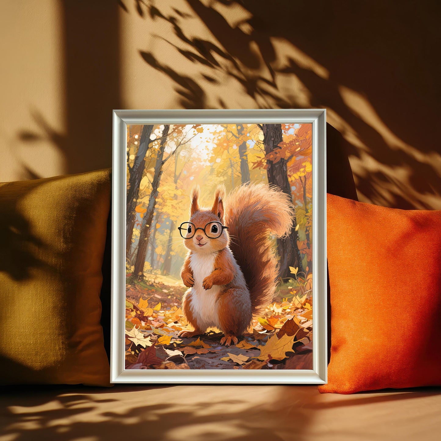 A white-framed art print of a cartoon squirrel with glasses in a sunlit autumn forest, resting between orange and olive cushions on a couch.