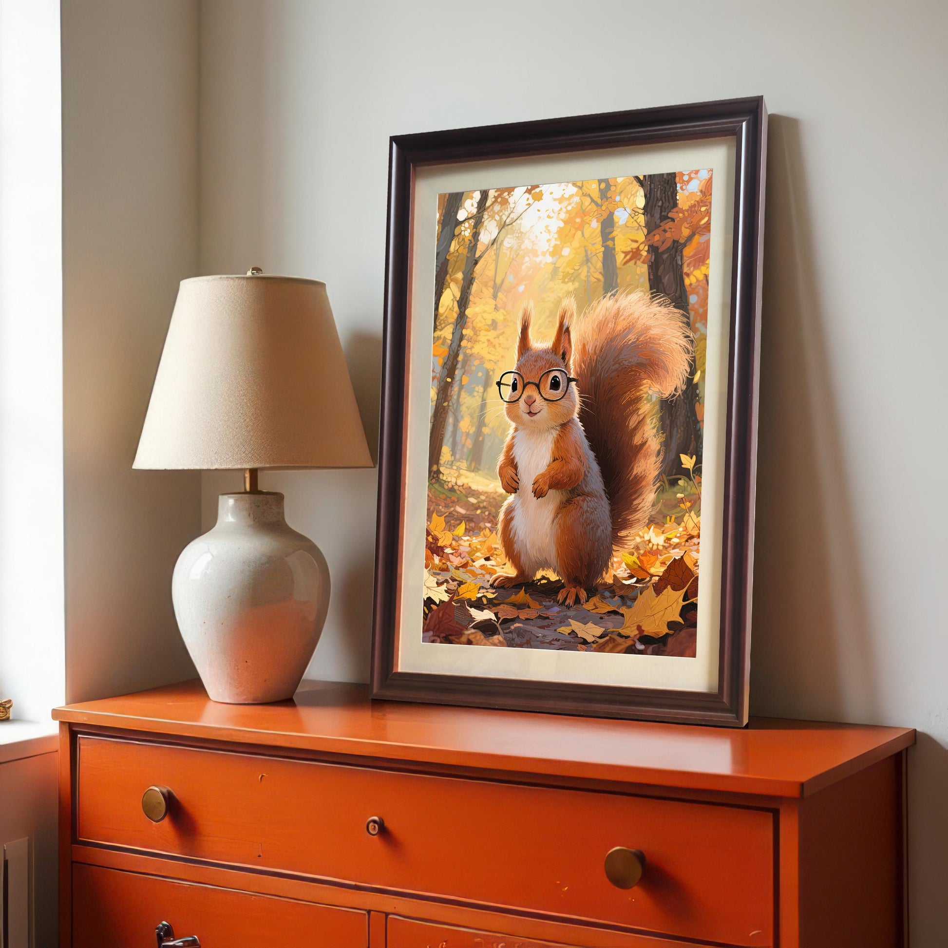 A coffee-framed art print of a cartoon squirrel with glasses in an autumn forest, sitting on an orange dresser next to a white lamp.