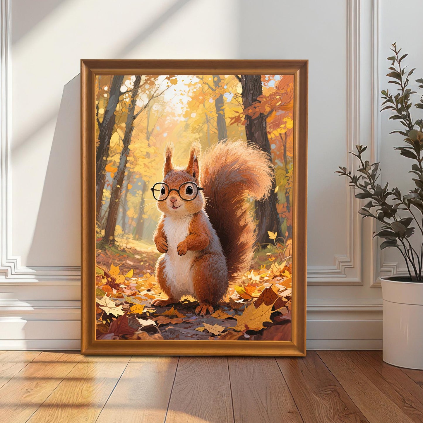 A large, orange-framed art print of a cartoon squirrel with glasses in an autumn forest, leaning against a white paneled wall next to a houseplant.