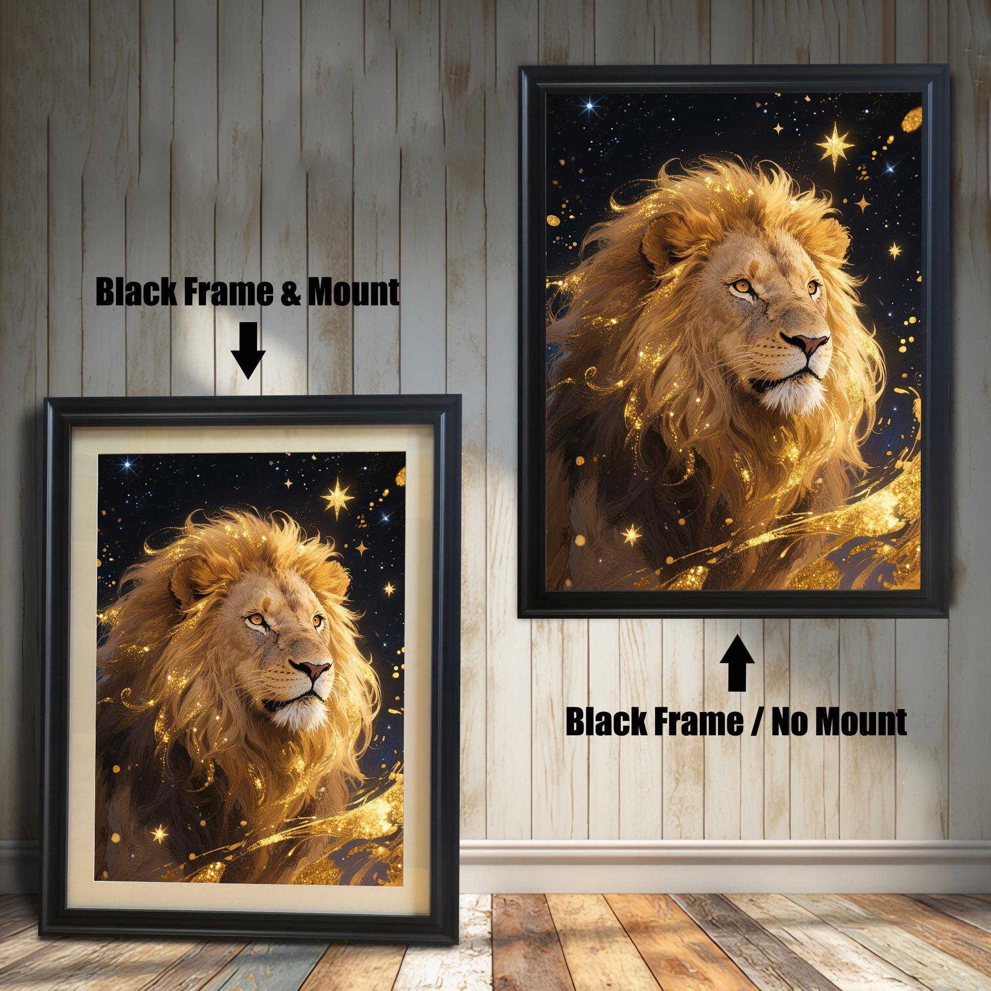 Comparison of two black-framed prints: one with a white mount (mat) and one without, both featuring the golden lion portrait against a starry, dark blue background.