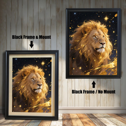 Comparison of two black-framed prints: one with a white mount (mat) and one without, both featuring the golden lion portrait against a starry, dark blue background.