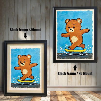 Side-by-side comparison of a teddy bear skateboarding print on a blue background, shown in a **Black Frame** with a white **Mount** (left) and without a mount (right).