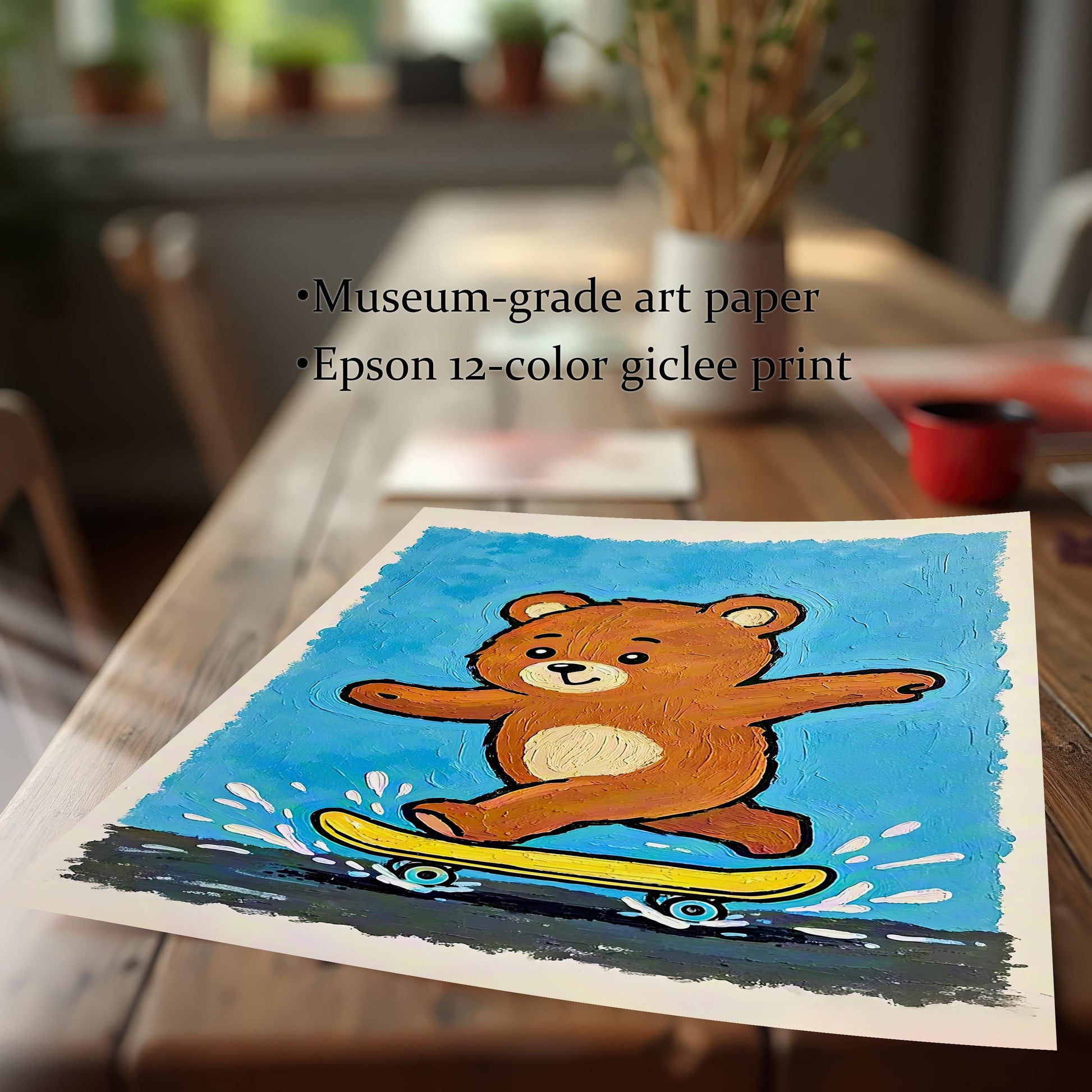 Close-up of the teddy bear print on a wooden table. Text describes the print quality: **Museum-grade art paper** and **Epson 12-color giclee print**.