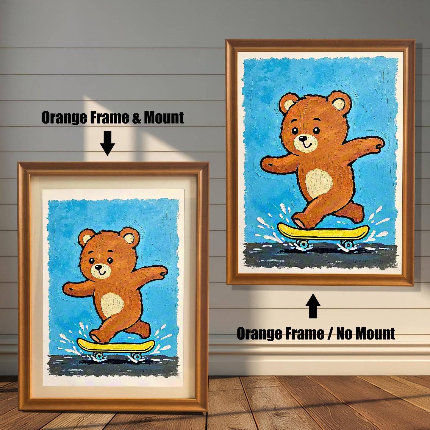 Side-by-side comparison of a teddy bear skateboarding print on a blue background, shown in a light brown **Orange Frame** with a white **Mount** (left) and without a mount (right).