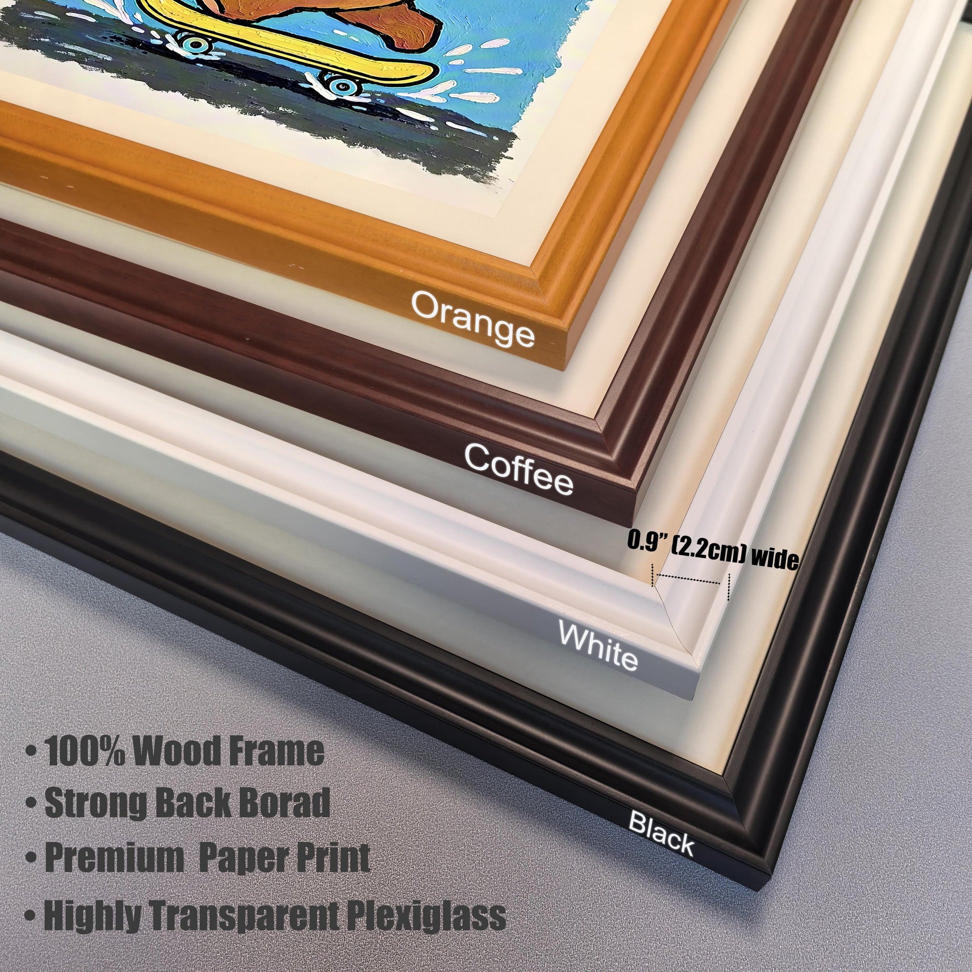 A close-up view of four stacked frame corners: Orange, Coffee (dark brown), White, and Black, highlighting the 0.9" (2.2cm) width, wood frame, plexiglass, and backboard.