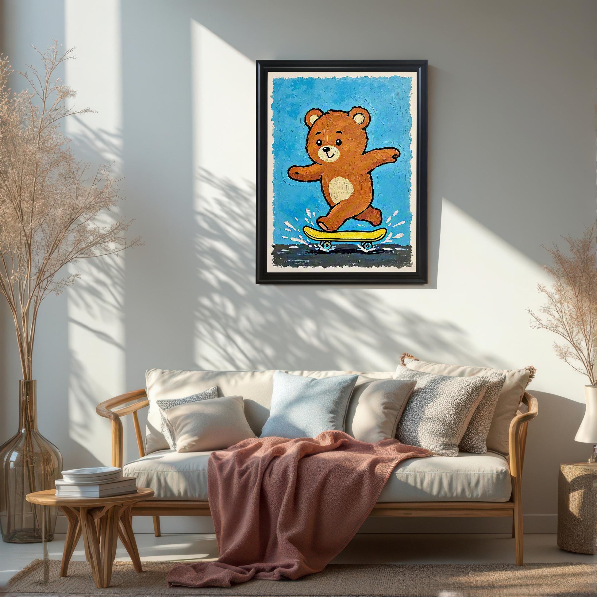 A black-framed art print of a bear skateboarding is hung above a modern wooden sofa with pillows and a pink blanket in a sunlit room.