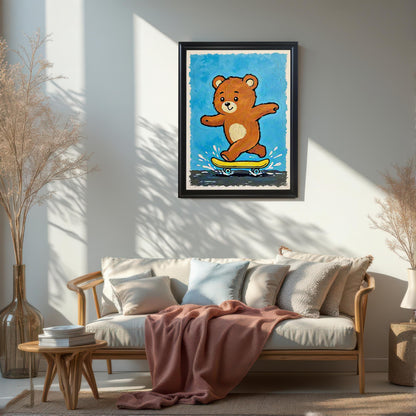 A black-framed art print of a bear skateboarding is hung above a modern wooden sofa with pillows and a pink blanket in a sunlit room.