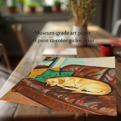 A close-up of the museum-grade art paper print with an "Epson 12-color giclee print" label, showing the painting of the dog sleeping on the couch on a wooden table.
