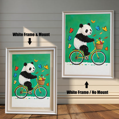 A side-by-side comparison of a framed panda-on-a-bike art print: one with a white frame and mount (mat), and one with a white frame and no mount.