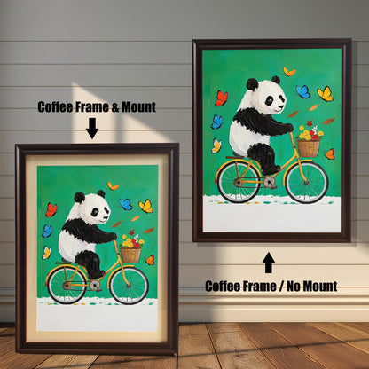A side-by-side comparison of a framed panda art print: one with a coffee (dark brown) frame and mount (mat), and one with the coffee frame and no mount.