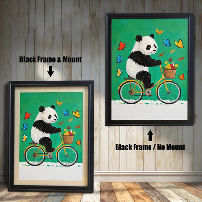 A side-by-side comparison of a framed panda art print: one with a black frame and mount (mat), and one with a black frame and no mount.