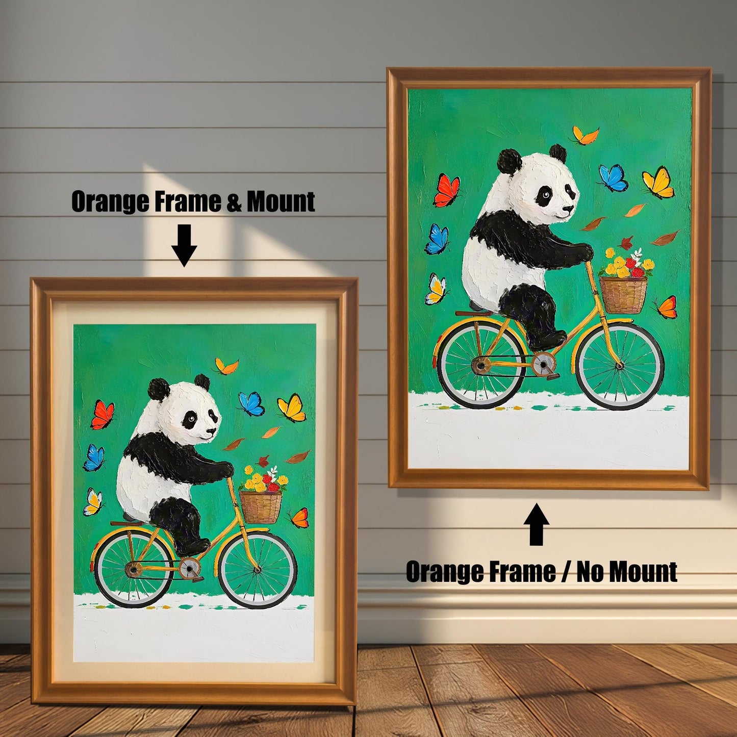 A side-by-side comparison of a framed panda art print: one with an orange/brown frame and mount (mat), and one with the orange/brown frame and no mount.