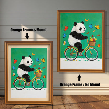 A side-by-side comparison of a framed panda art print: one with an orange/brown frame and mount (mat), and one with the orange/brown frame and no mount.