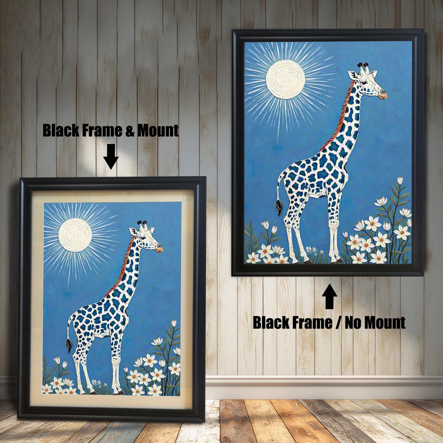 A side-by-side comparison of a framed giraffe art print: one with a black frame and mount (mat), and one with a black frame and no mount.