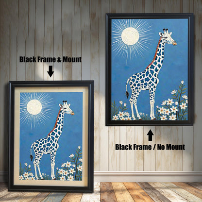 A side-by-side comparison of a framed giraffe art print: one with a black frame and mount (mat), and one with a black frame and no mount.