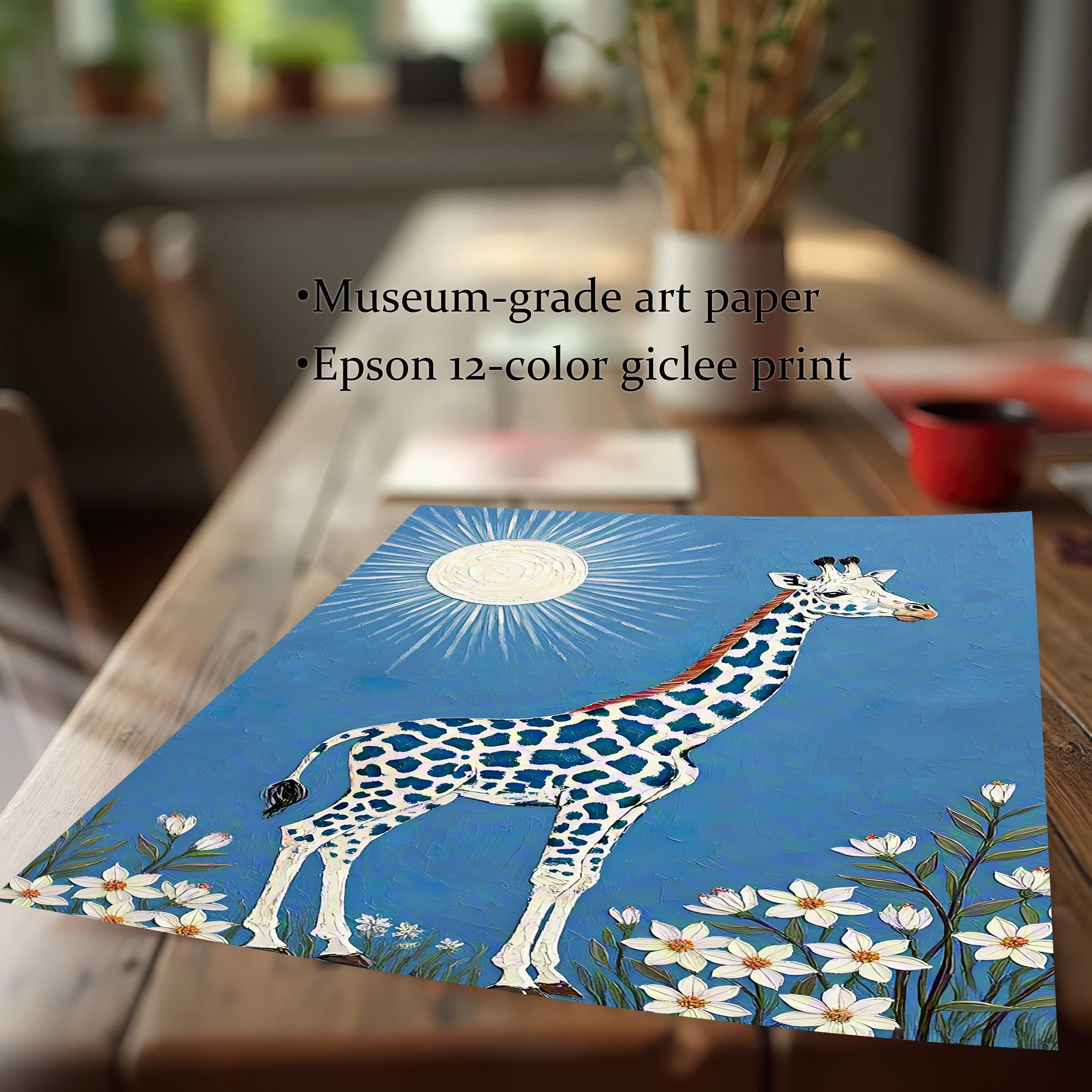 Close-up of the giraffe print on a table, highlighting the detail and color quality. Text describes the print quality: **Museum-grade art paper** and **Epson 12-color giclee print**.