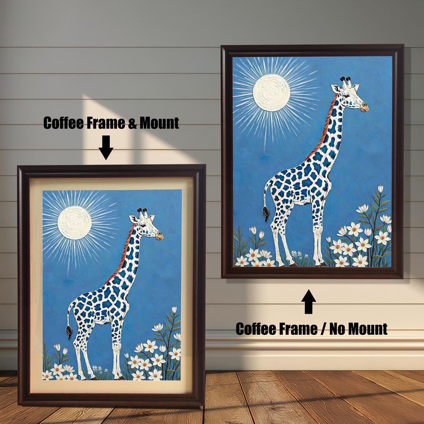 A side-by-side comparison of a framed giraffe art print: one with a coffee (dark brown) frame and mount (mat), and one with the coffee frame and no mount.