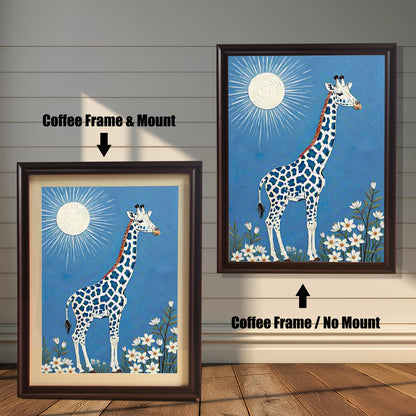 A side-by-side comparison of a framed giraffe art print: one with a coffee (dark brown) frame and mount (mat), and one with the coffee frame and no mount.