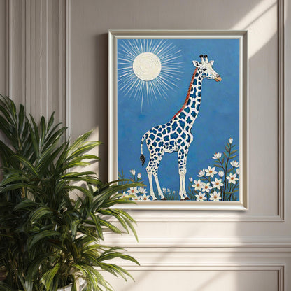 A framed giraffe print in a **White Frame / No Mount** hangs on a pale, paneled wall next to a large potted plant.
