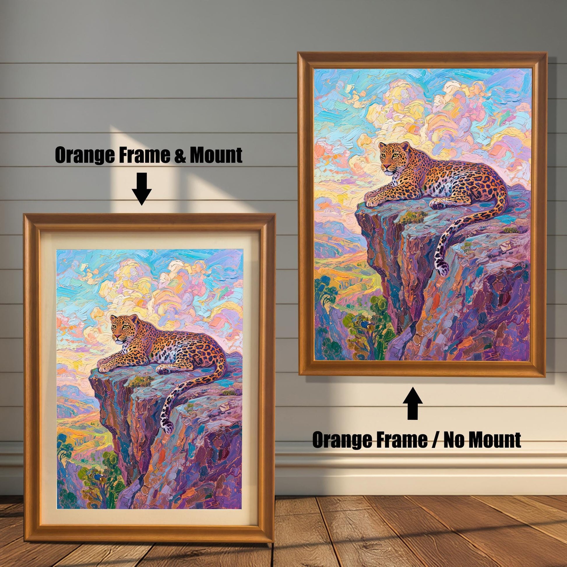 A side-by-side comparison of a framed leopard print: one with an orange/brown frame and mount (mat), and one with the orange/brown frame and no mount.