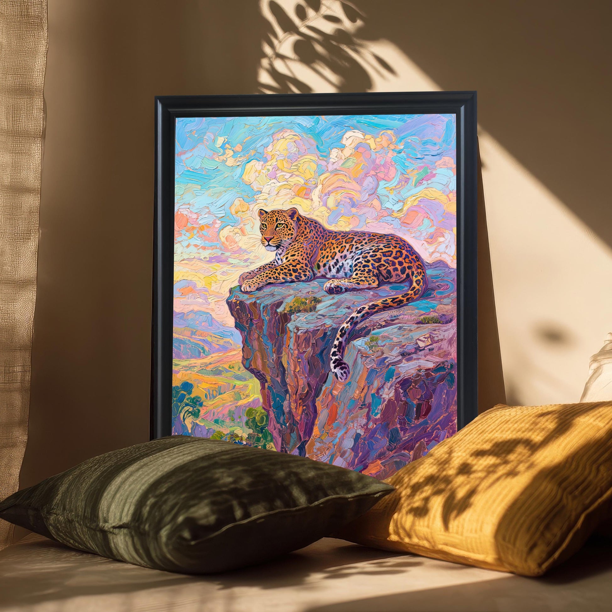 A framed oil painting of a leopard on a cliff is propped up between two pillows. The black frame and artwork are bathed in soft window light.