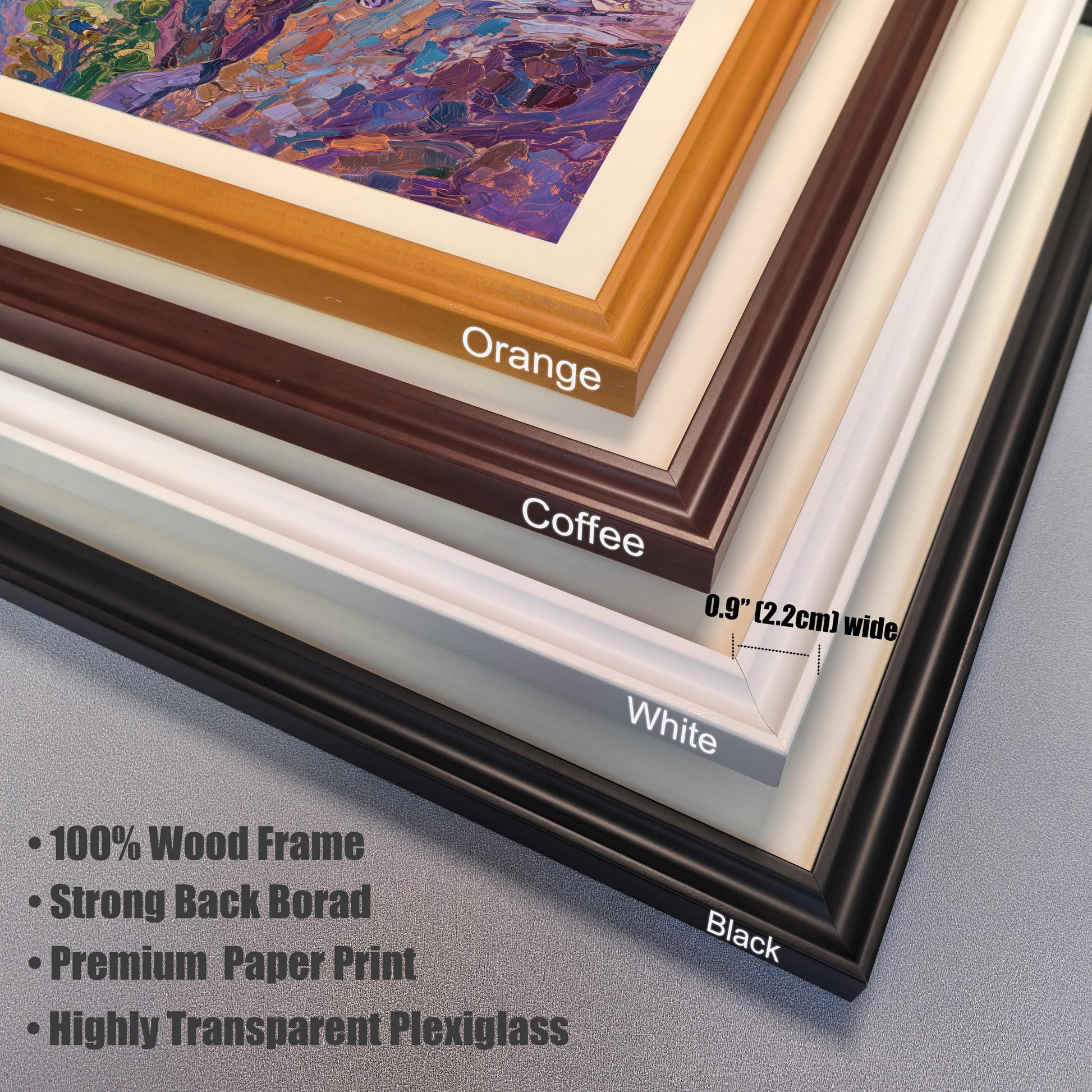 A close-up view of four stacked frame corners: Orange, Coffee, White, and Black, highlighting the 0.9" (2.2cm) width, wood frame, plexiglass, and backboard.
