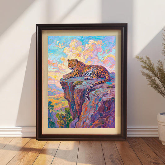 A framed, colorful painting of a leopard on a cliff, set in a **Black Frame**, leans against a white wall next to a potted plant, with sunlight streaming in.