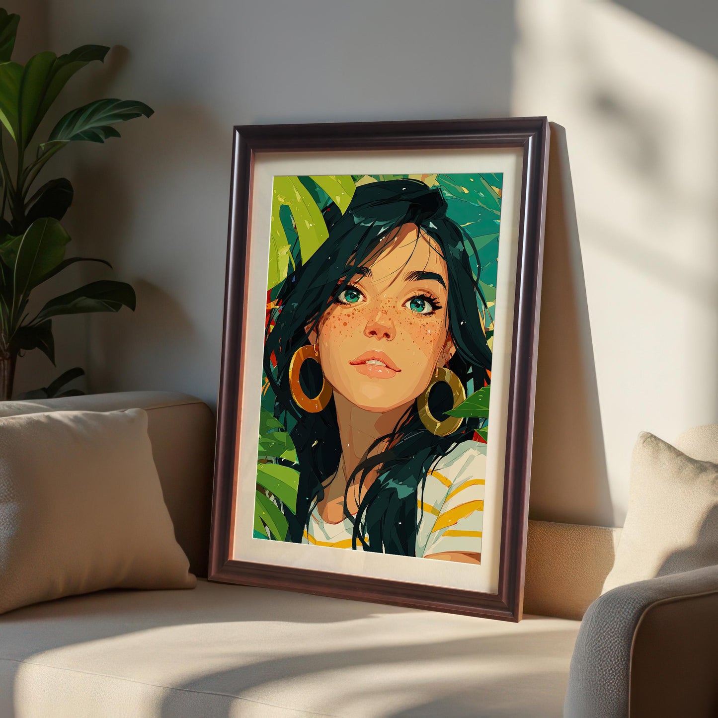 A framed art print of a woman with green eyes and hoop earrings leans against a beige couch, partially in sunlight. The frame is a dark, coffee color.