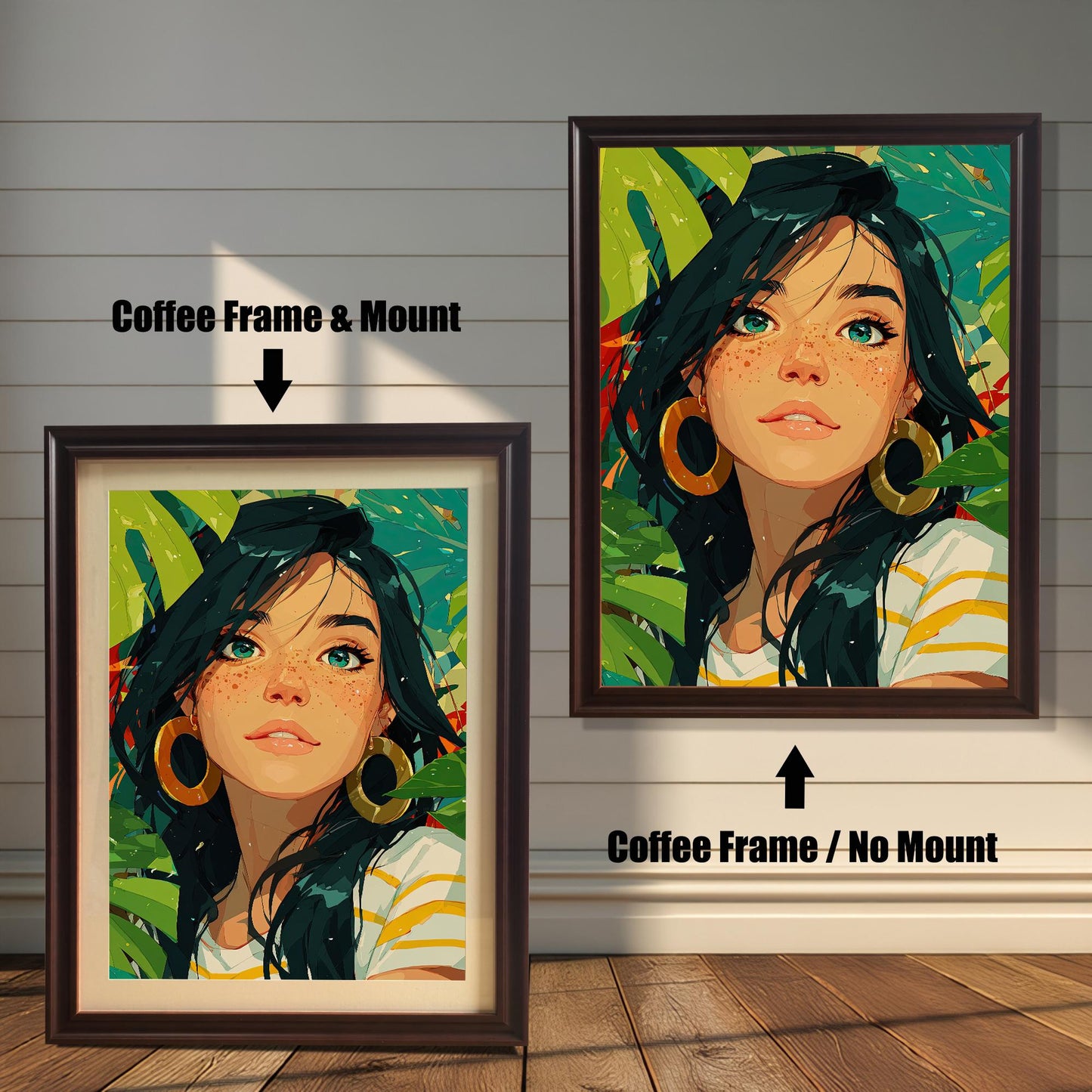 A print of a woman with green eyes and freckles is shown in two coffee-colored frames against a wood wall. One has a mount, and the other doesn't, demonstrating the framing choices.