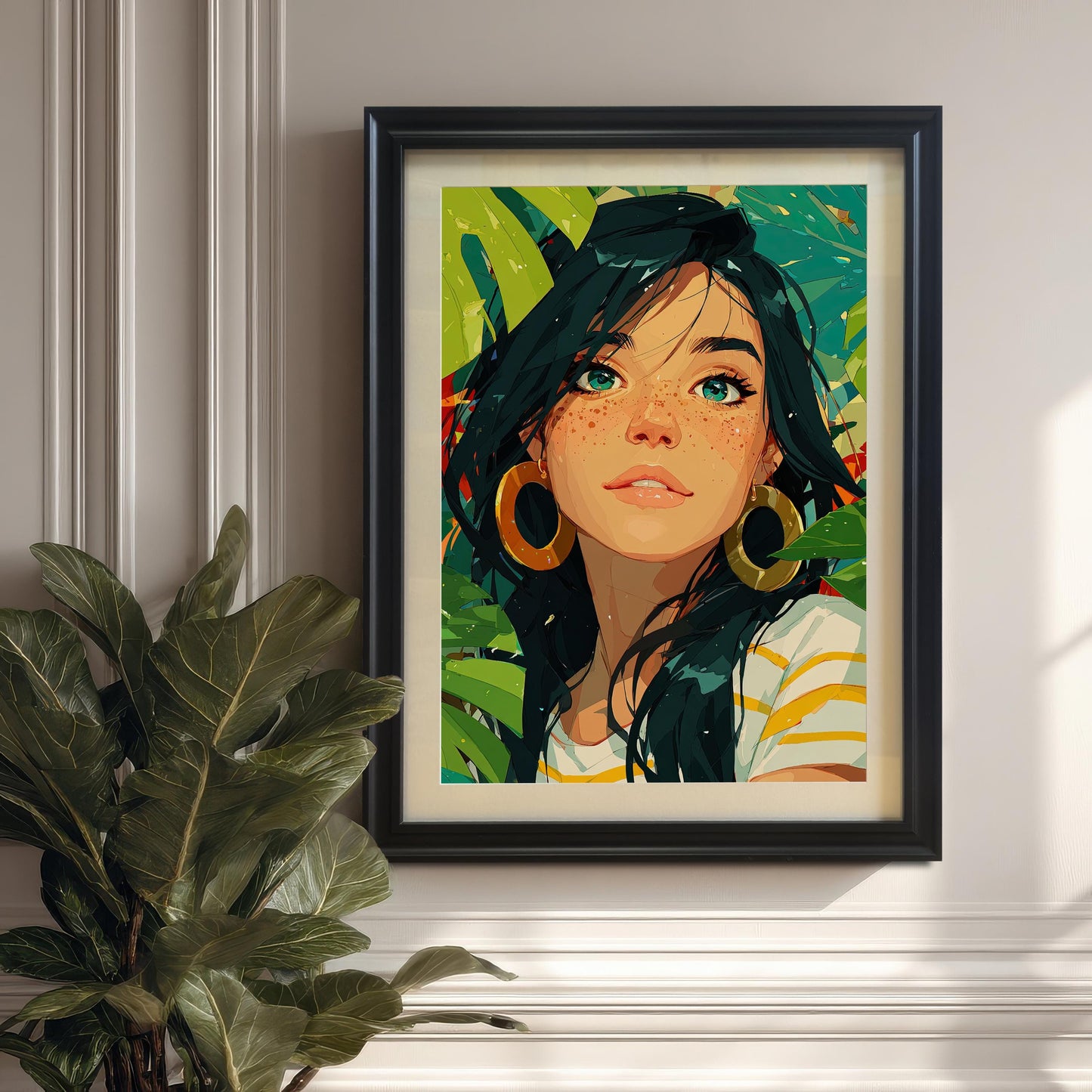 A framed art print of a woman with green eyes and large hoop earrings is hanging on a paneled, teal-colored wall. A plant is visible in the foreground.