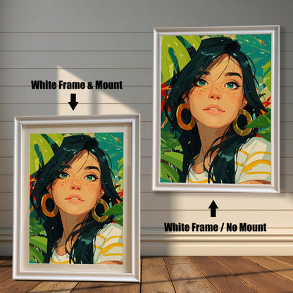 A print of a woman with black hair and green eyes is shown in two white frames against a wood wall. One has a mount, and the other doesn't, demonstrating the framing options.