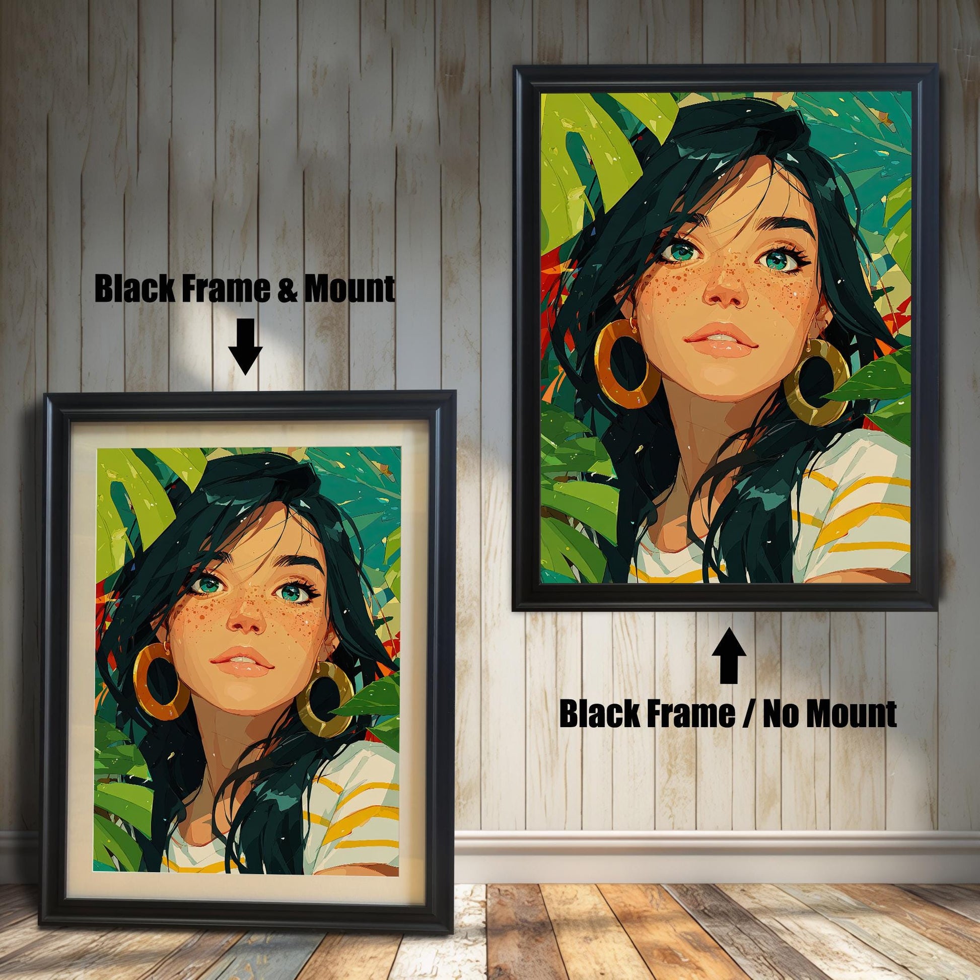 An art print of a woman with green eyes is shown in two black frames against a wood wall. One has a mount, while the other doesn't, illustrating the framing choices.