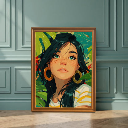 A framed art print of a woman with black hair, green eyes, and freckles is leaning on the floor against a paneled, teal-colored wall. The frame is a warm, orange-gold color.