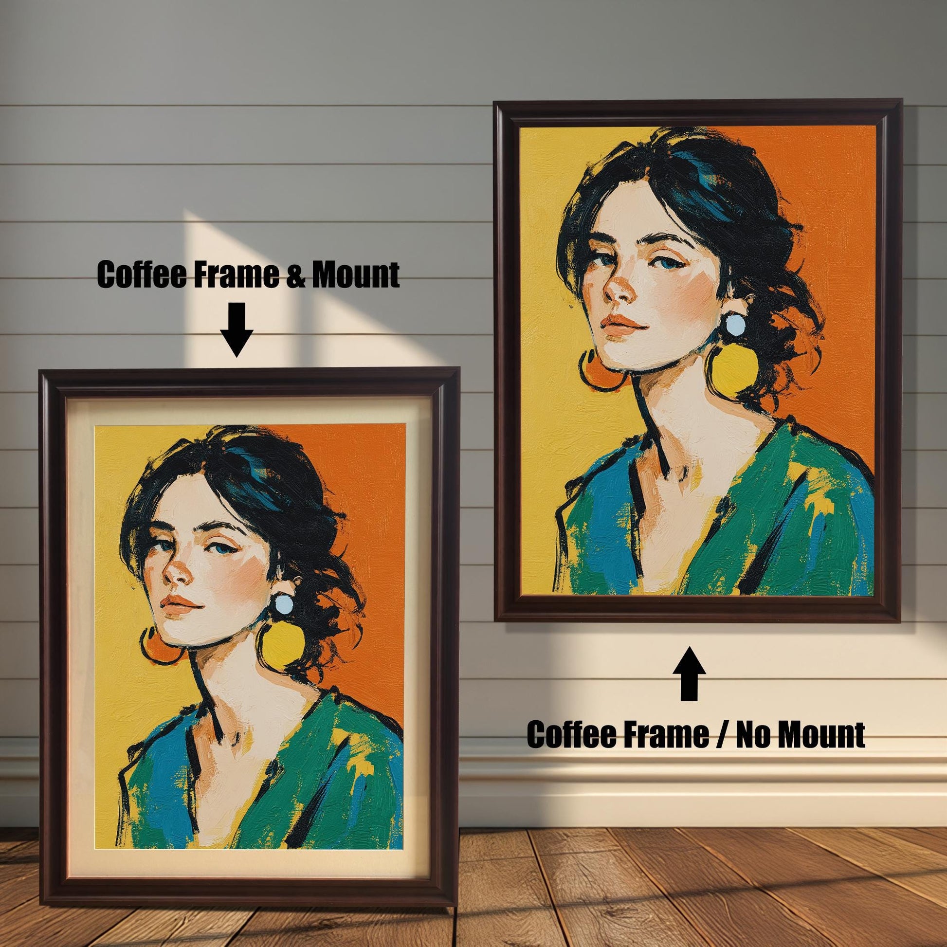 A painting of a woman with a serious expression is shown in two coffee-colored frames against a wood wall. One has a mount, and the other doesn't, illustrating the framing options.