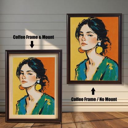 A painting of a woman with a serious expression is shown in two coffee-colored frames against a wood wall. One has a mount, and the other doesn't, illustrating the framing options.