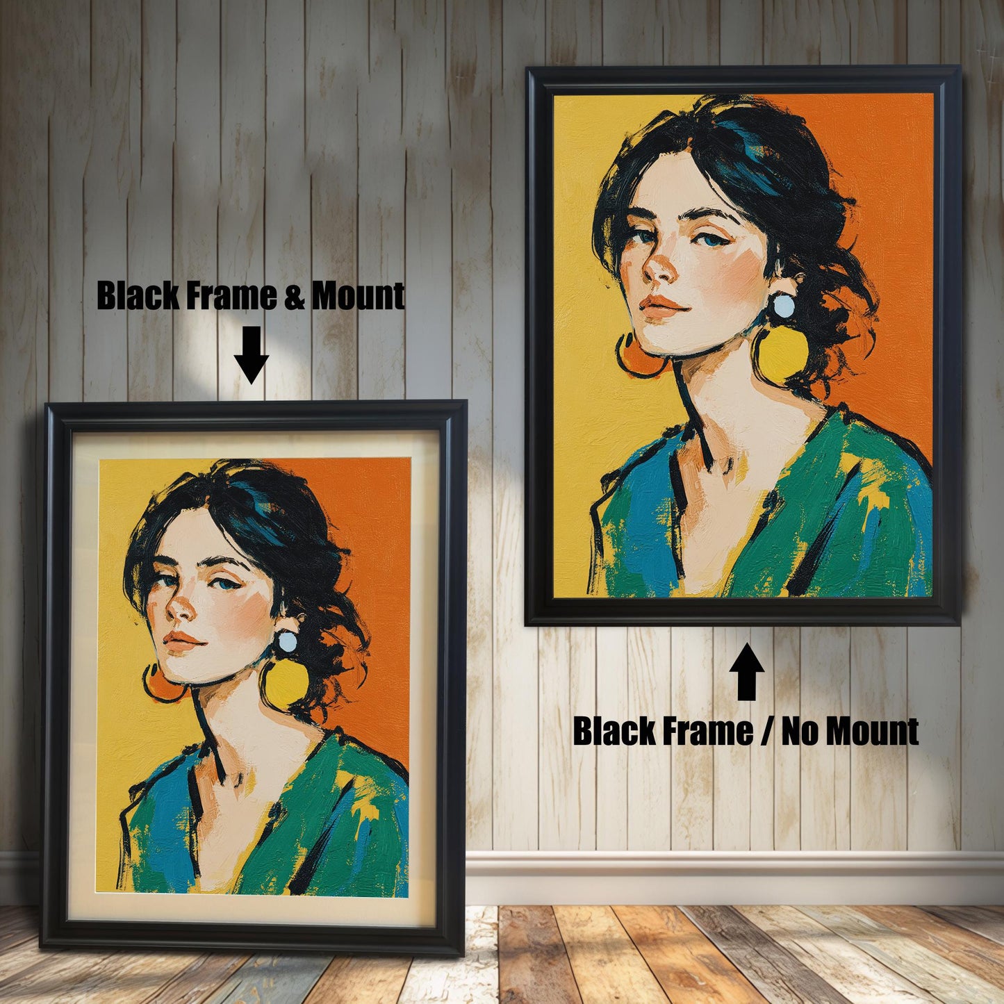 A painting of a woman with large earrings is shown in two black frames against a wood wall. One has a mount, and the other doesn't, illustrating the framing options.