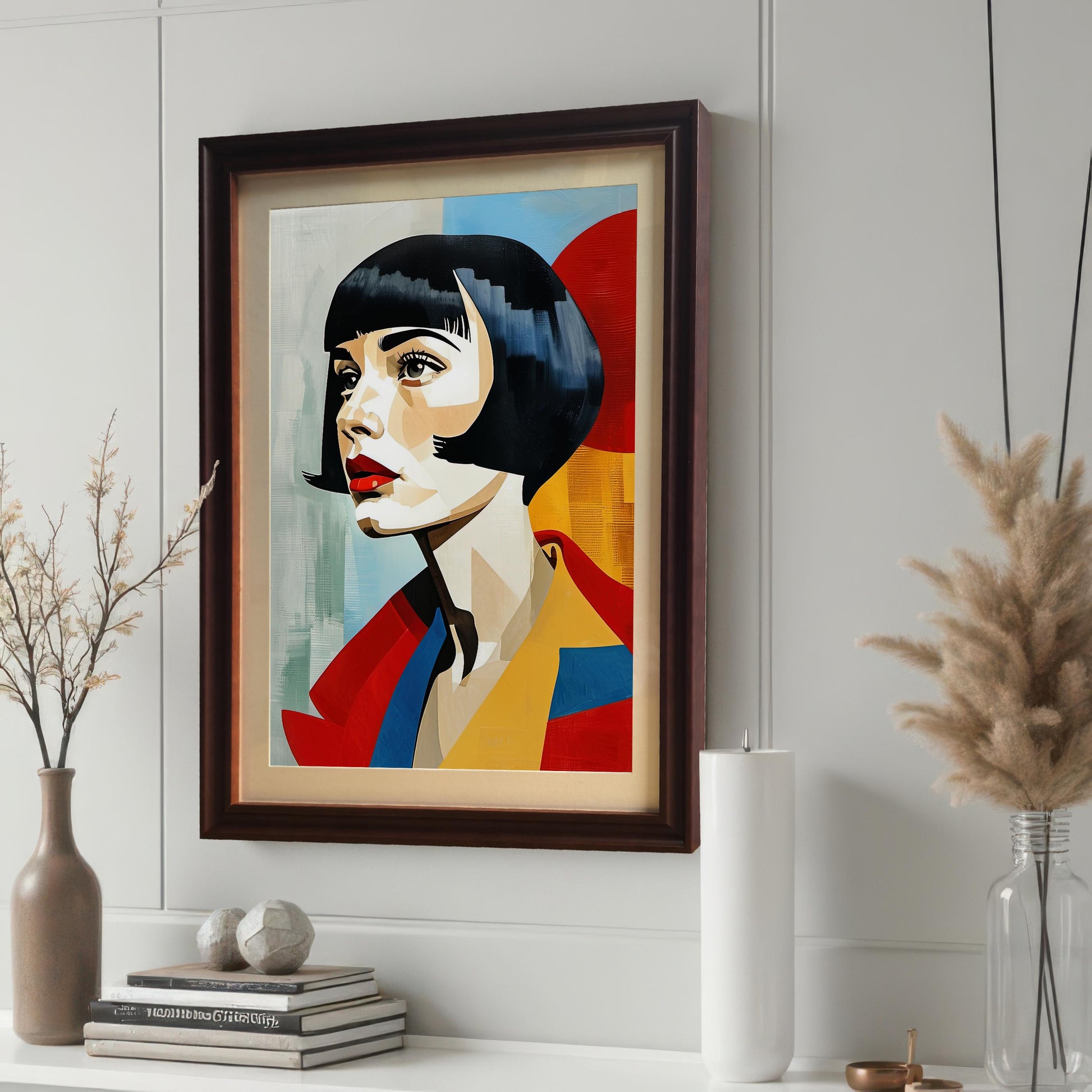 A framed art print of a woman with a bob haircut and red lips hangs on a paneled white wall above a console table with home decor. The frame is a dark, coffee color and has a mount.