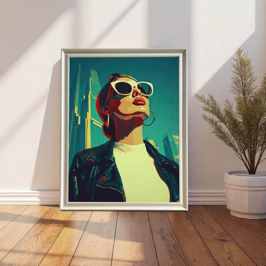 A framed art print of a woman in sunglasses and a leather jacket leans against a white paneled wall with a houseplant next to it. The frame is white and has a mount.