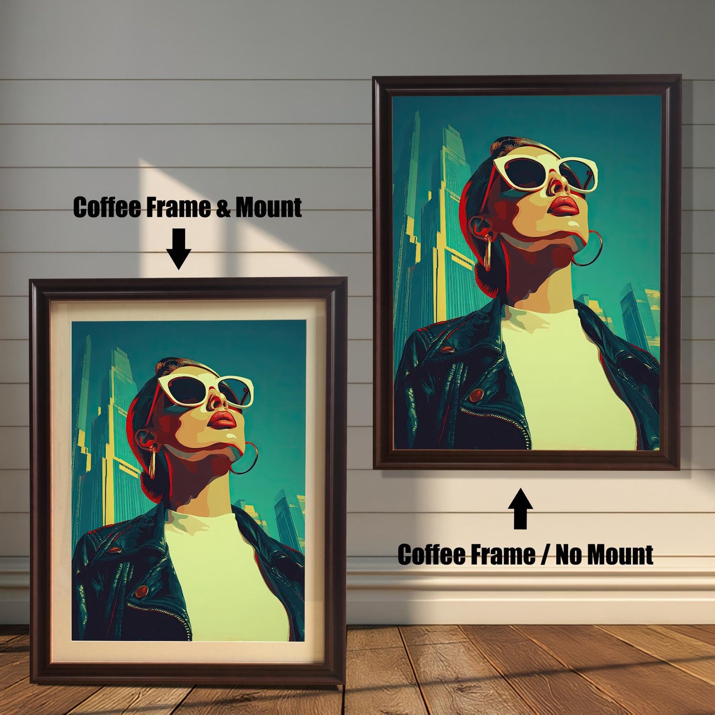 An art print of a woman in a leather jacket and sunglasses is shown in two coffee-colored frames against a wood wall. One has a mount, and the other doesn't, illustrating the framing choices.