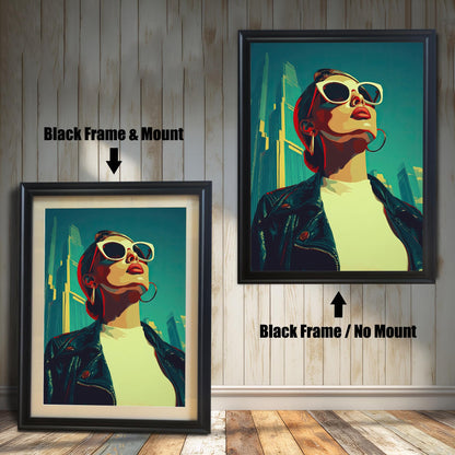 An art print of a woman in a leather jacket and sunglasses is shown in two black frames against a wood wall. One has a mount, and the other doesn't, illustrating the framing choices.