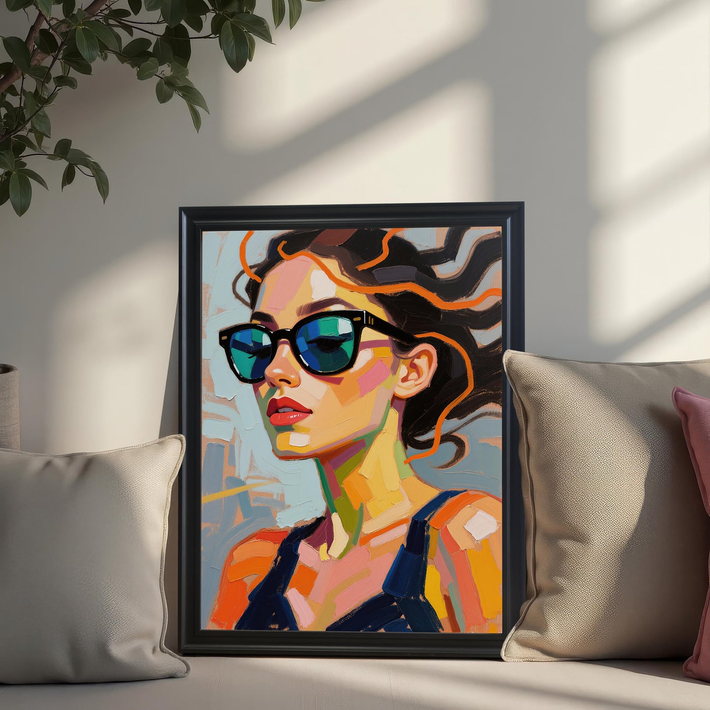 A framed art print of a woman in sunglasses is propped up on a couch between two pillows.