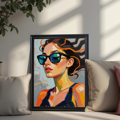 A framed art print of a woman in sunglasses is propped up on a couch between two pillows.