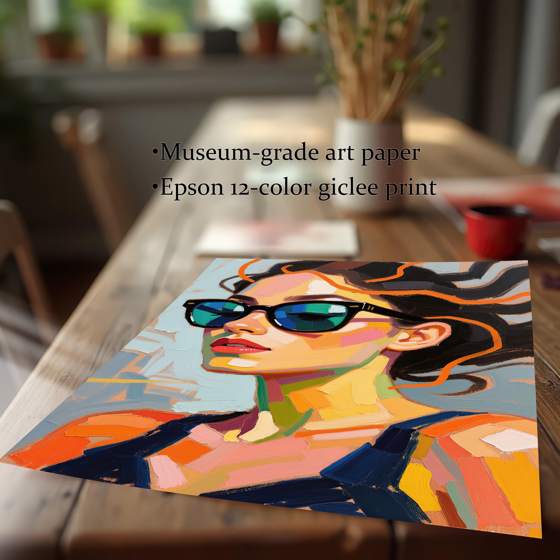 A loose, unframed art print of a woman in sunglasses is shown on a wooden table, with text describing it as museum-grade art paper.