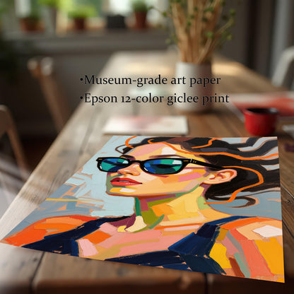 A loose, unframed art print of a woman in sunglasses is shown on a wooden table, with text describing it as museum-grade art paper.