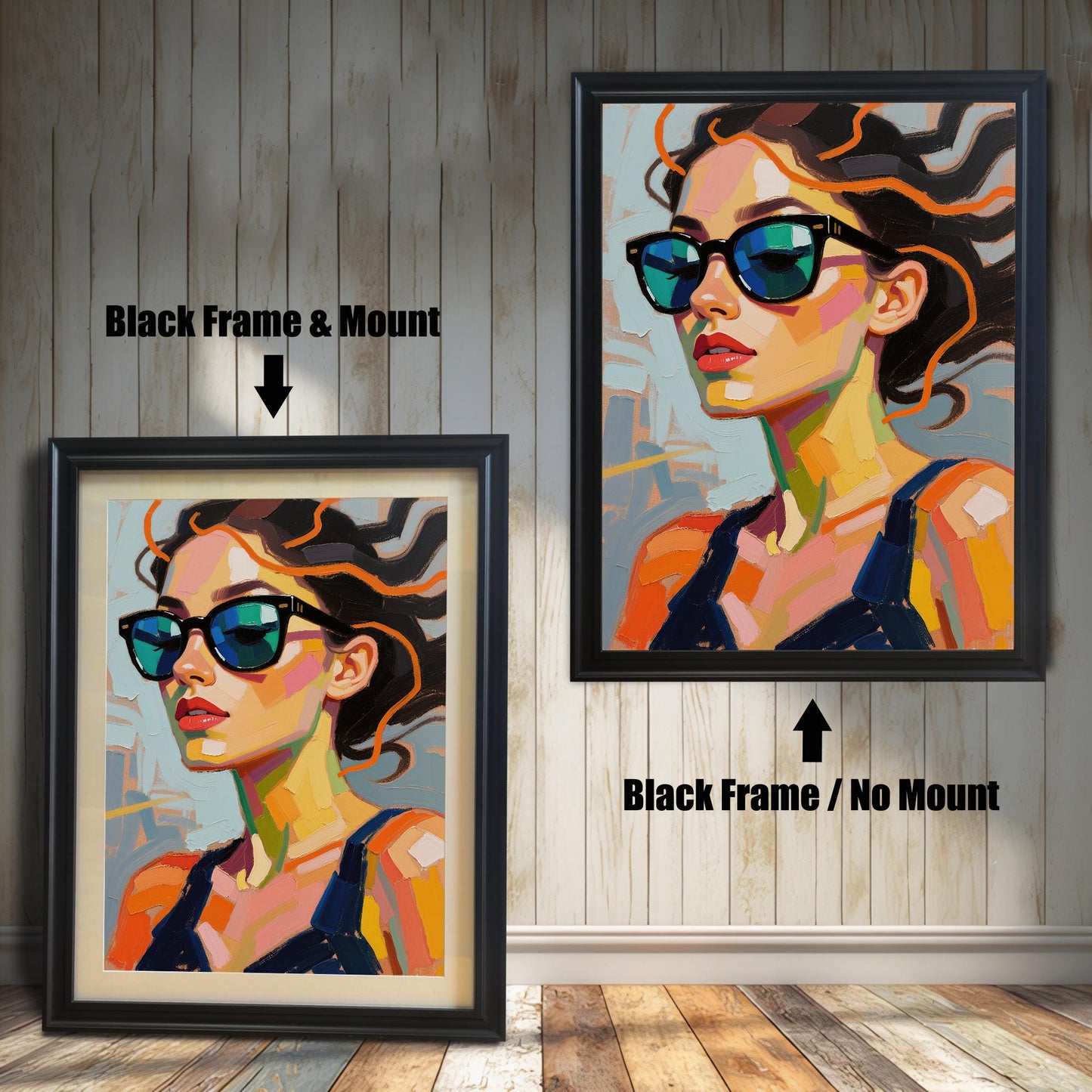 An art print of a woman in sunglasses is shown in two black frames against a rustic wood wall. One has a white mount, the other does not.